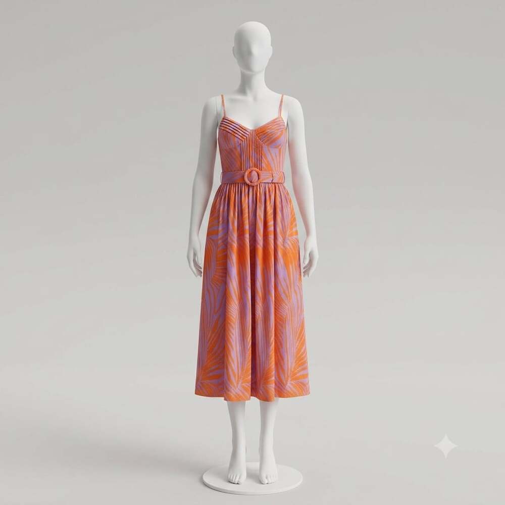 Multi Leaf Print Pleated Maxi Dress